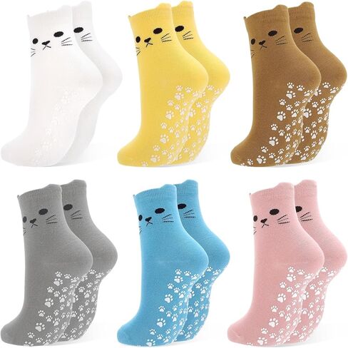 5 Pair Cute Cat Pilates Socks with Grips for Women Cotton Non Slip Grippy Socks with Cat Paw Pattern for Barre Workout Hospital in Saudi Arabia