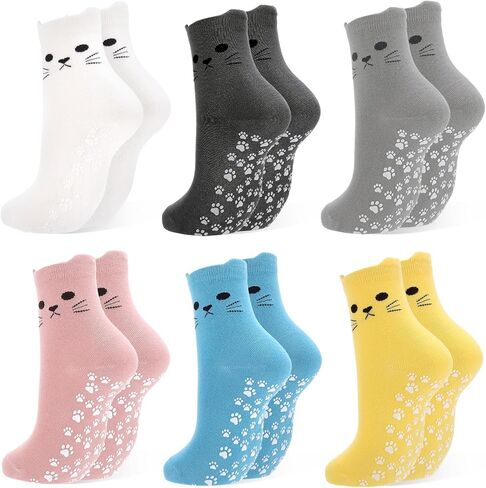 5 Pair Cute Cat Pilates Socks with Grips for Women Cotton Non Slip Grippy Socks with Cat Paw Pattern for Barre Workout Hospital in Saudi Arabia