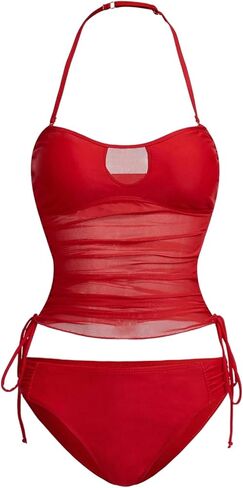 WDIRARA Women's Halter Tankini Set Cut Out Sheer Tie Side High Cut Swimsuit 2 Piece Bathing Suit in Saudi Arabia