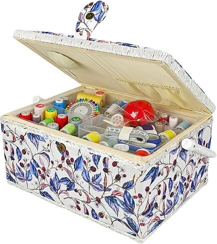 Vintage Sewing Box Large Storage with Sewing Supplies, Elegant Wooden Sewing Basket with Removable Tray Padded Exterior, Yellow Floral in Kuwait