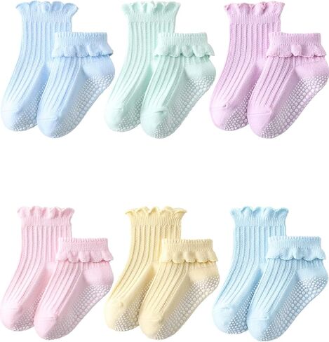 ALLOVIN 6 Pairs Baby & Toddler Girls Non-Slip Ruffle Lace Socks Soft Cotton Grip Socks Ideal Gift for Baby Shower & Birthday in Saudi Arabia
