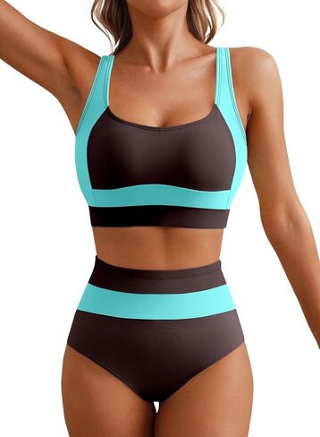 Herseas Women 2 Piece High Waisted Bikini Sets Colorblock Sporty Swimsuits Wide Straps Bathing Suit 2026 Summer Swimwear in Saudi Arabia