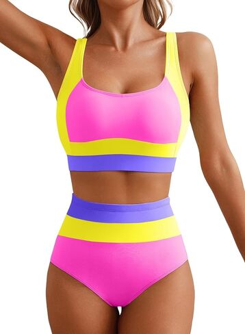 Herseas Women 2 Piece High Waisted Bikini Sets Colorblock Sporty Swimsuits Wide Straps Bathing Suit 2026 Summer Swimwear in Saudi Arabia