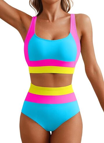 Herseas Women 2 Piece High Waisted Bikini Sets Colorblock Sporty Swimsuits Wide Straps Bathing Suit 2026 Summer Swimwear in Saudi Arabia