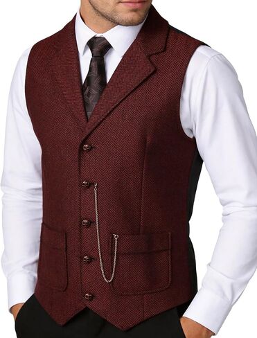 Men's Vintage Slim Fit Suit Vest Formal Prom Party Herringbone Pattern Waistcoat with Chain Detail in Saudi Arabia