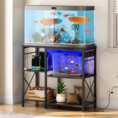 حامل حوض أسماك هوبرو مع مخرج طاقة وإضاءة LED، حامل حوض سمك 20-29-37 جالون مع أرفف تخزين، 30.7 بوصة طول × 13.8 بوصة عرض، حامل خزان الزواحف بإطار معدني ثابت، بني ريفي BF80UDFT01G1 in Kuwait