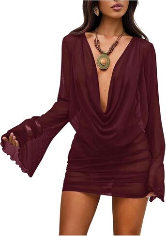 SOLY HUX Women's Draped Sheer Mesh Beach Mini Dress Deep V Neck Bell Long Sleeve Swimsuit Cover Up Beachwear in Saudi Arabia