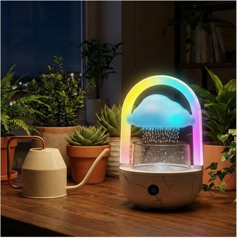Relaxing Indoor Water Fountain with Gentle Rain Sounds, Weljoy Cloud Rainbow Rain Tabletop Fountain with Color Changing Lights, Wireless Design for Office Desk Meditation (Wood) in Kuwait