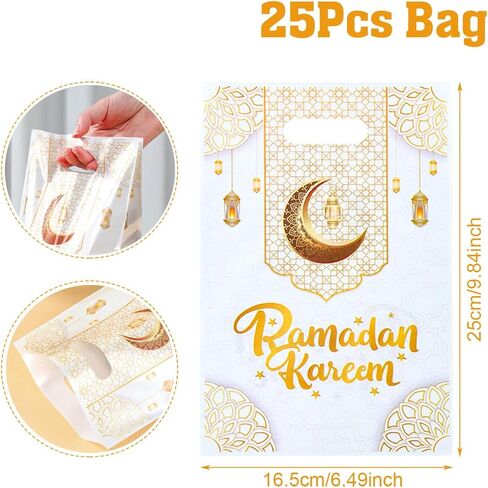 25 قطعة من أكياس هدايا رمضان كريم، طباعة فانوس شخصية كرتونية لموضوع العيد، 4 ألوان مختلطة من أكياس الحلوى البلاستيكية ذات المقبض، وحقيبة للوجبات الخفيفة لتزيين هدايا الأطفال الإسلاميين in Saudi Arabia