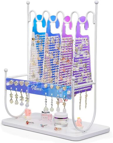 عرض القرط الدوار من Keebofly لبيع أحداث البائعين، حامل ومنظم مجوهرات من 3 طبقات مع 208 فتحة و50 خطافًا، المعارض الحرفية، البيع بالتجزئة، التجاري، الاستخدام المنزلي، هدايا للنساء والفتيات، أبيض in Kuwait