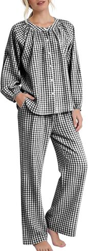 COZYPOIN Womens Gingham Pajama Set 2 Piece Cotton Plaid Button Down Puff Sleeve Shirt and Pants Lounge Set Cute Sleepwear in Saudi Arabia