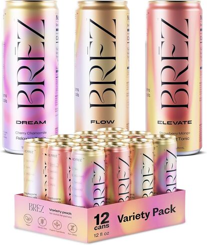 BRĒZ Mushroom Drink Variety Pack - Flow, Dream & Elevate - Lion’s Mane, Reishi, Cordyceps Mushrooms, Non-Infused, Adaptogen Tonics for Focus, Sleep, Mood & Energy, Vegan, 12 fl oz Cans (12 Pack) in Saudi Arabia