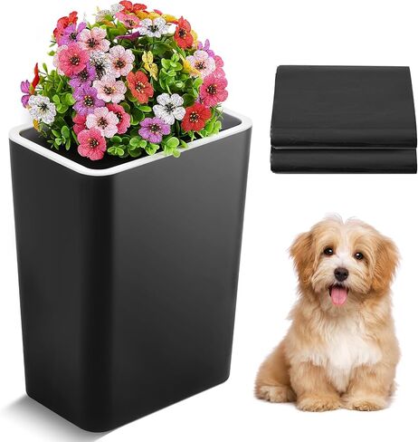 Dog Poop Trash Can Outside 2.64 Gal/10 L Plant Styled Dog Waste Trash Can with Lid 50 Pcs Plastic Waste Bags Outdoor Indoor Poop Container Slim Garbage Bin for Yard Garden Pet (Black) in Saudi Arabia