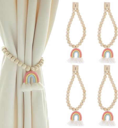 Magnetic Wooden Bead Curtain Tiebacks, 2PCS Boho Rainbow Tassel Curtain Tie Backs, Handmade Drapery Tiebacks for Living Bedroom Window Treatment Wall Decoration (2, Pink) in Saudi Arabia
