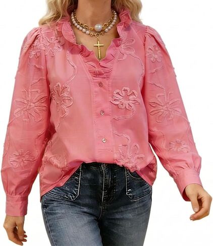 White Floral Embroidery Ruffled Blouse Puff Long Sleeve Shirt Elegant V Neck Button-Down Tops for Women in Saudi Arabia