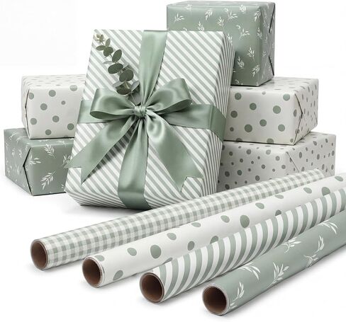 woric Sage Green Wrapping Paper 4 Rolls Gift Wrapping Paper with Stripe Polka Dot Check Beige Leaves Design for Baby Shower Wedding Birthday Easter Decor - 17 x 120 in(10ft) Per Roll in Saudi Arabia