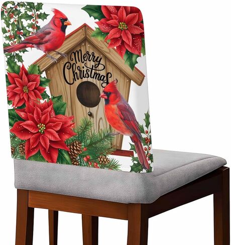 عيد الميلاد الكاردينال الطيور وكرسي المنزل الخشبي الغطاء الخلفي لغرفة الطعام مجموعة من 6 البونسيتة الحمراء ورقة خضراء كرسي المطبخ أغطية حماية لحفلة عطلة، وإزالة الأعشاب الضارة، والولائم، والأحداث in Kuwait