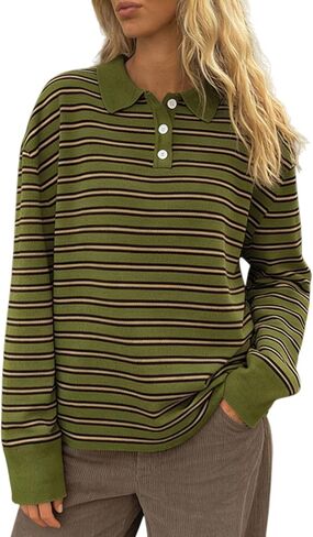 Oversized Striped Sweater for Women Collared Long Sleeve Preppy Polo Sweater Vintage Aesthetic Knitted Rugby Shirts in Saudi Arabia