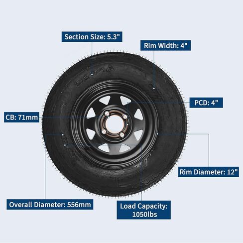 2-Pack Trailer Tire On Rim 5.30-12 530-12 5.30x12 5 Lug Trailer Tires and 12In Wheels Load Range C 6PR Black in Saudi Arabia