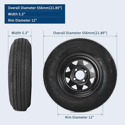 2-Pack Trailer Tire On Rim 5.30-12 530-12 5.30x12 5 Lug Trailer Tires and 12In Wheels Load Range C 6PR Black in Saudi Arabia