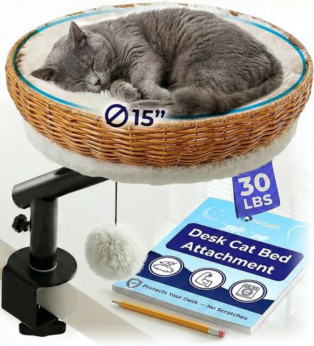 PetLovers Cat Desk Bed - Plush Elevated Desk Bed Attachment with Removable Washable Cushion, 360° Swivel Arm, Secure Clamp - Keeps Your Cat Close While You Work or Play in Saudi Arabia