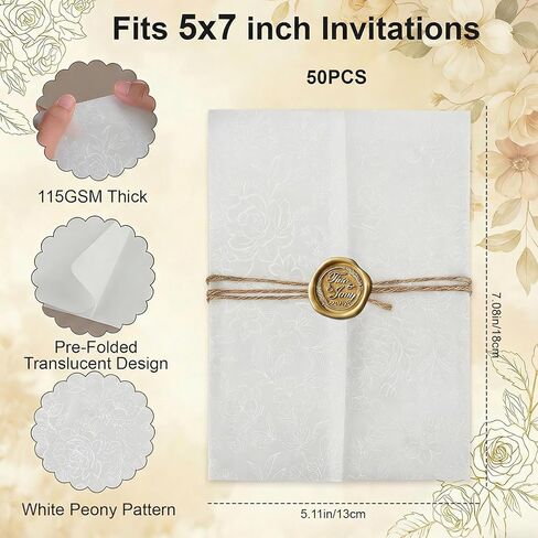 50 قطعة من سترات Vellum لدعوات 5x7، 115GSM ورق رق شفاف مطوي مسبقًا 5x7 سترة لحفلات الزفاف وحفلات استقبال المولود الجديد وأعياد الميلاد وأظرف دعوة الزفاف (وردي ذهبي) in Kuwait