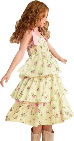 Verdusa Girl's Ditsy Floral Print Layered Ruffle Dress Sleeveless Tie Shoulder Elegant Midi Dresses in Saudi Arabia