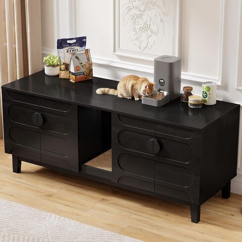 ONBRILL 59 Inches Cat Litter Box Enclosure for 2 Cats, Hidden Litter Boxes Furniture w/Cat Scratch Pad, Modern Large Pet House with Double Room, Wooden TV Stand for Living Room, Walnut in Kuwait