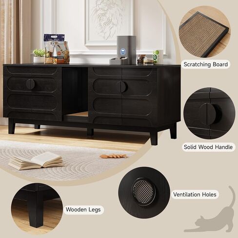 ONBRILL 59 Inches Cat Litter Box Enclosure for 2 Cats, Hidden Litter Boxes Furniture w/Cat Scratch Pad, Modern Large Pet House with Double Room, Wooden TV Stand for Living Room, Walnut in Kuwait