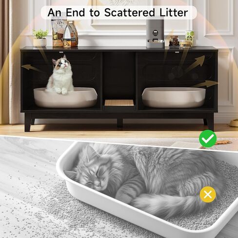 ONBRILL 59 Inches Cat Litter Box Enclosure for 2 Cats, Hidden Litter Boxes Furniture w/Cat Scratch Pad, Modern Large Pet House with Double Room, Wooden TV Stand for Living Room, Walnut in Kuwait
