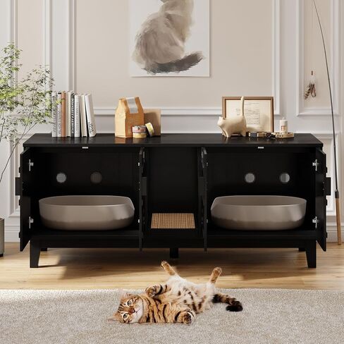 ONBRILL 59 Inches Cat Litter Box Enclosure for 2 Cats, Hidden Litter Boxes Furniture w/Cat Scratch Pad, Modern Large Pet House with Double Room, Wooden TV Stand for Living Room, Walnut in Kuwait