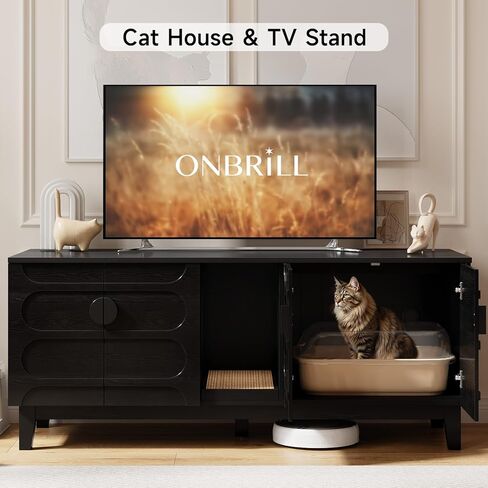 ONBRILL 59 Inches Cat Litter Box Enclosure for 2 Cats, Hidden Litter Boxes Furniture w/Cat Scratch Pad, Modern Large Pet House with Double Room, Wooden TV Stand for Living Room, Walnut in Kuwait