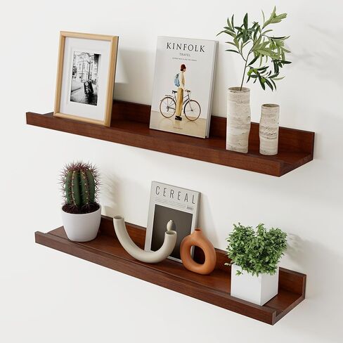 Floating Shelves for Wall, 24 inch Solid Wood Picture Ledge Shelf, Picture Shelf for Wall with Ledge, Floating Book Shelves for Living Room Bedroom Kitchen Nursery Decor, Walnut, Set of 2 in Saudi Arabia