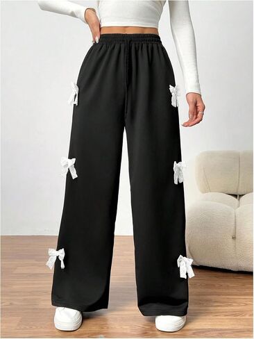 OYOANGLE Girl's Bow Sweatpants Elastic Drawstring Waist Wide Leg Workout Athletic Pants with Pocket in Saudi Arabia