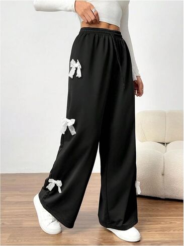 OYOANGLE Girl's Bow Sweatpants Elastic Drawstring Waist Wide Leg Workout Athletic Pants with Pocket in Saudi Arabia