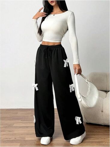 OYOANGLE Girl's Bow Sweatpants Elastic Drawstring Waist Wide Leg Workout Athletic Pants with Pocket in Saudi Arabia