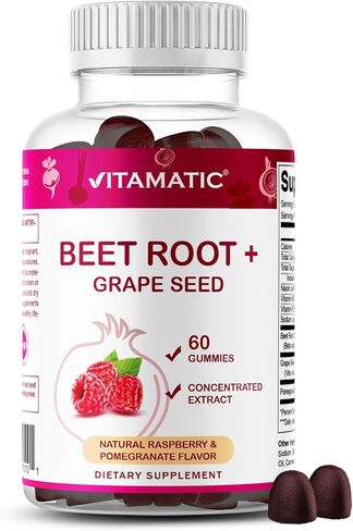 علكات جذر البنجر Vitamatic - ما يعادل 3000 مجم لكل حصة - 60 علكة - مصنوعة من فيتامين ب6، ب12، وبذور العنب، والرمان والنيكوتيناميد in Kuwait