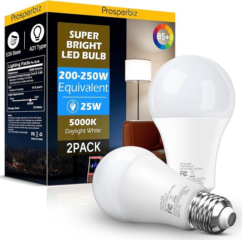 200-250 Watt Equivalent LED Light Bulb, A21 Super Bright LED Light Bulbs 25W, High Output 2800 Lumens, E26 Daylight White 5000K for Home, Office, Store, Garage, Warehouse, Garden, 2-Pack in Kuwait