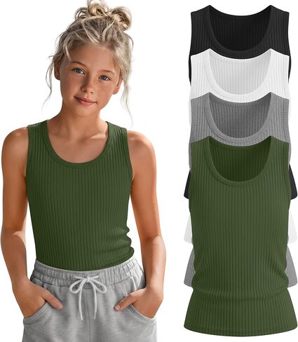 4 Pack Girls Tank Tops Sleeveless Shirts Ribbed Textured Knit Tee Round Neck Basic Kids Undershirts Summer in Kuwait