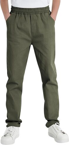 QBK Boys' Elastic Waist Chino Pants - Stretch Pull-On Twill Uniform Pants for Kids & Youth (Ages 3-16Years) in Kuwait