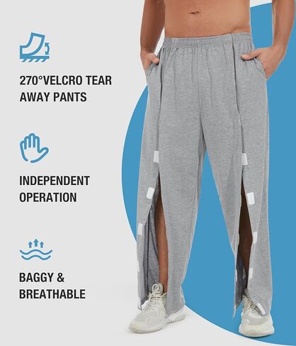 Men's Tear Away Baggy Wide Leg Easy Open Side Pants Casual Post-Surgery Moisture Wicking Sweatpants with Pockets in Saudi Arabia