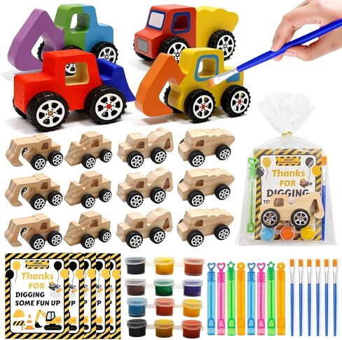 12 PCS Construction Party Favors & DIY Craft Kit - Unfinished Wooden Truck Painting Set with Bubble Wands, Paints, Brushes & Cards - Birthday Party Favors for Kids, Boys & Girls, Classroom Rewards in Saudi Arabia