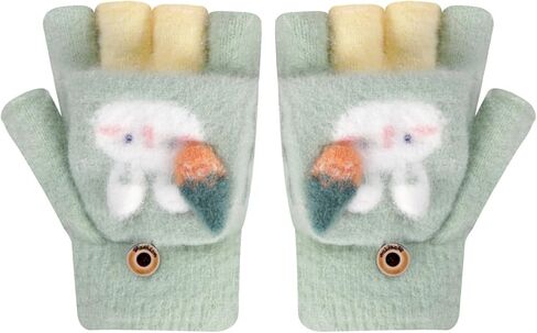 OhMill Kids Warm Gloves Winter Flip Top Gloves Rabbit Print Cartoon Mittens Knitted Half Finger Mitten for Boys Girls 4-8 Yrs in Saudi Arabia