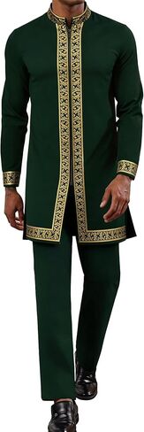 Mens African 2 Piece Set Nigerian Dashiki Shirt and Pants Outfit Gold Metallic Traditional Suit for Wedding Party Vacation in Saudi Arabia