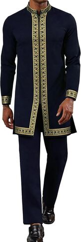 Mens African 2 Piece Set Nigerian Dashiki Shirt and Pants Outfit Gold Metallic Traditional Suit for Wedding Party Vacation in Saudi Arabia