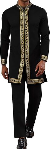 Mens African 2 Piece Set Nigerian Dashiki Shirt and Pants Outfit Gold Metallic Traditional Suit for Wedding Party Vacation in Saudi Arabia