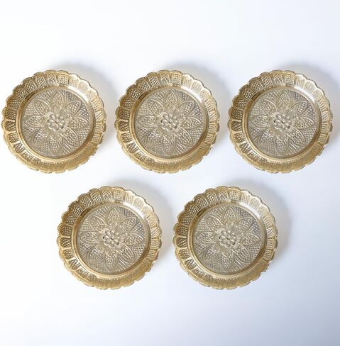 Shubhkart Brass Engraved Nakshi Plate Set 11 cm (Pack of 5) – Indian Decorative Ritual Plates for Puja, Meditation & Festive Décor | Traditional Hindu Offering Plates for Home Altar & Cultural Gifting in Saudi Arabia