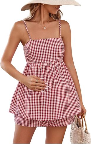 عرقات العرقات الأمومة للنساء 2 قطعة منقوشة Peplum Bubble Cami Top و Shorts مجموعات in Kuwait