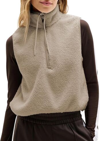 Songling Womens Fuzzy Fleece Vest High Neck Cropped Half Zip Up Warm Sherpa Vest Drawstring Pullover with Pockets in Saudi Arabia
