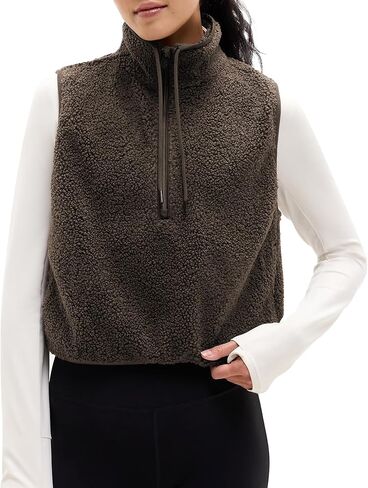 Songling Womens Fuzzy Fleece Vest High Neck Cropped Half Zip Up Warm Sherpa Vest Drawstring Pullover with Pockets in Saudi Arabia